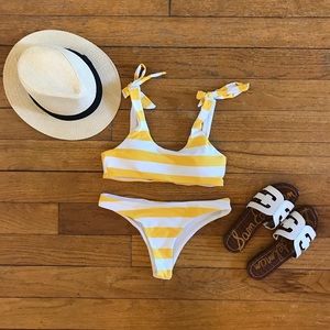 Yellow and white striped bikini